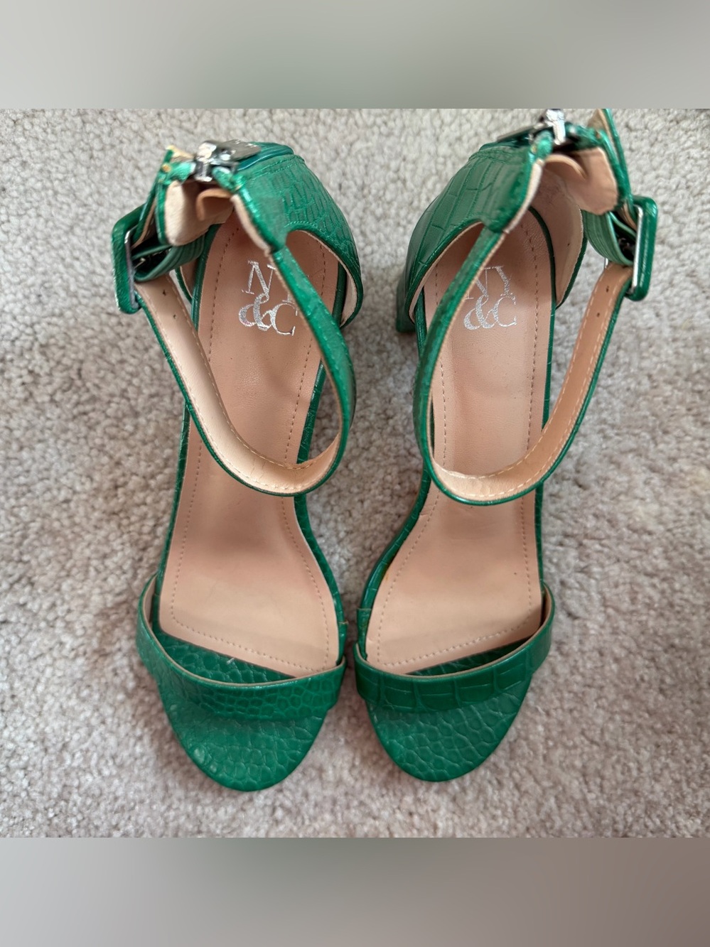 NY&C Green Croc-Embossed Ankle Strap Sandals